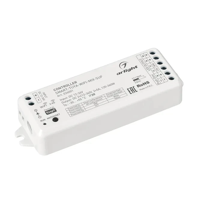 Контроллер smart-tuya-wifi-mix-suf (12-36V, 2X5A, 2.4G) (arlight, IP20 пластик, 5 лет) 034501