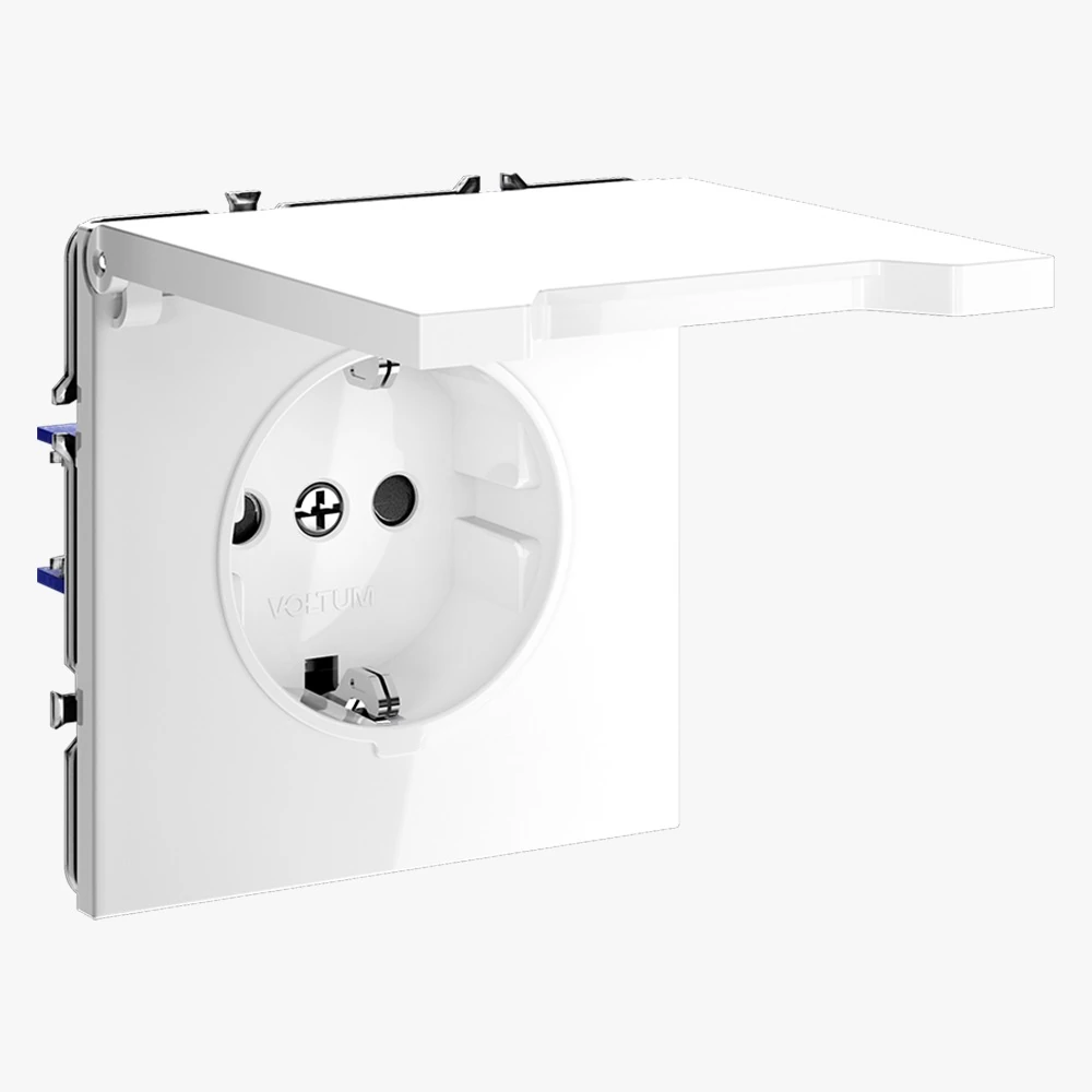 Розетка встраиваемая VOLTUM s70с заземлением, защитными шторками и крышкой 16а, (белый глянцевый)