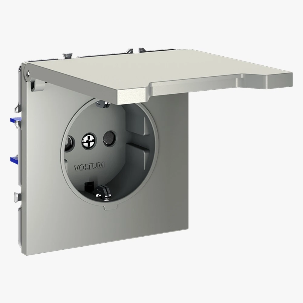 VLS040305 розетка встраиваемая VOLTUM s70с заземлением, защитными шторками и крышкой 16а, (сталь)