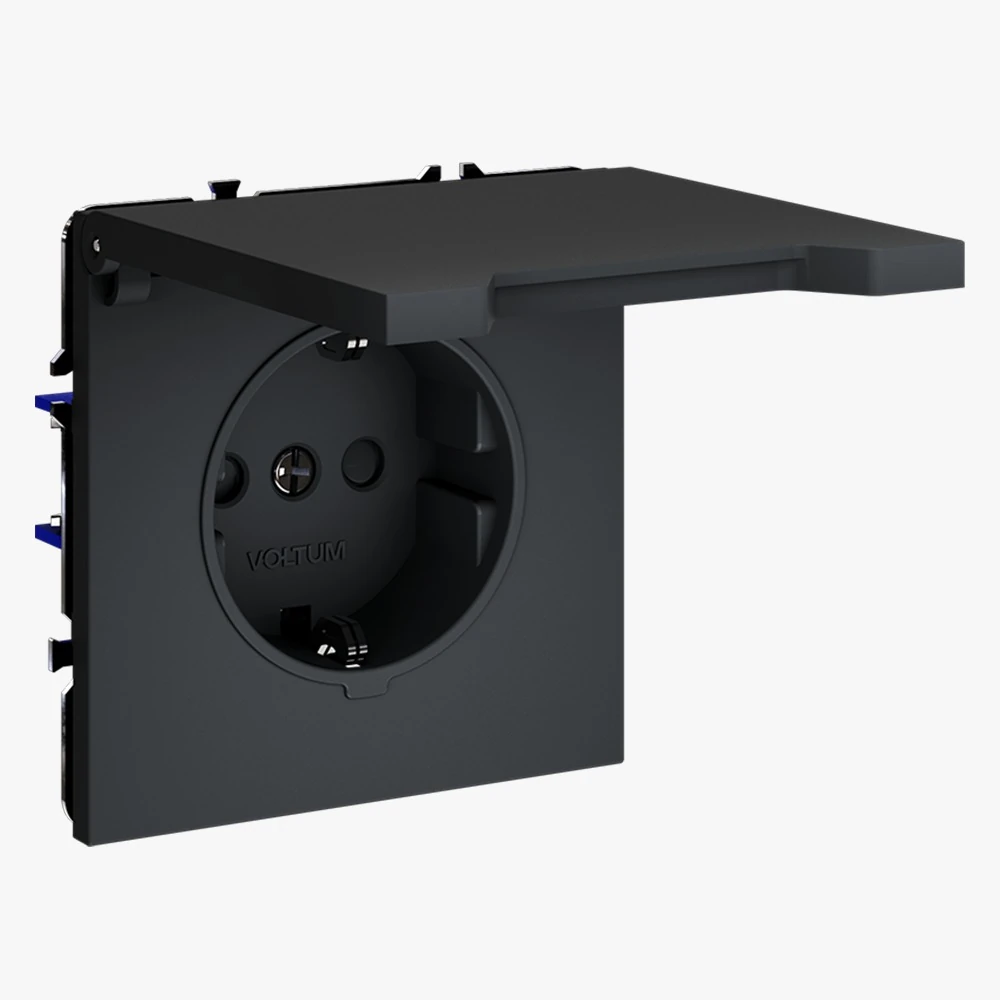 VLS040307 розетка встраиваемая VOLTUM s70с заземлением, защитными шторками и крышкой 16а, (графит)