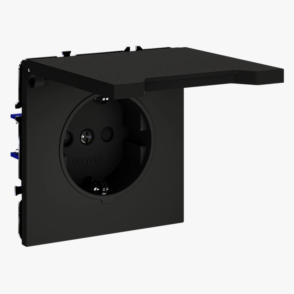 VLS040308 розетка встраиваемая VOLTUM s70с заземлением, защитными шторками и крышкой 16а, (черный матовый)