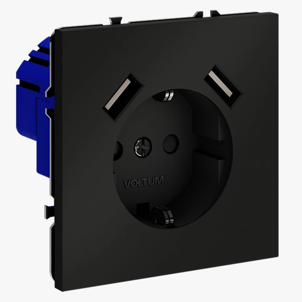 VLS040408 розетка встраиваемая VOLTUM s70с заземлением и защитными шторками, 16а, с usb, a+a, (черный матовый