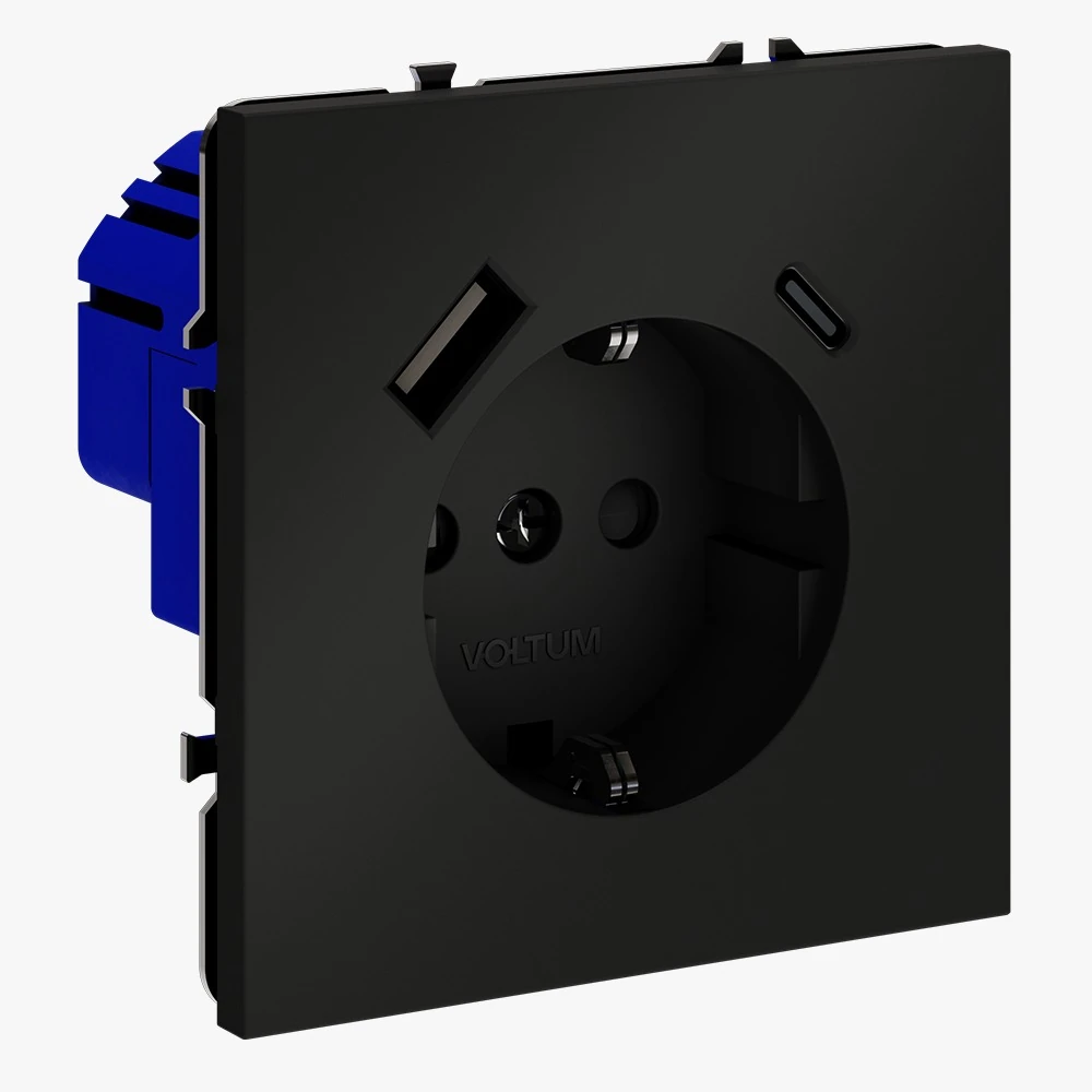 VLS040508 розетка встраиваемая VOLTUM s70с заземлением и защитными шторками, 16а, с usb, a+с, (черный матовый